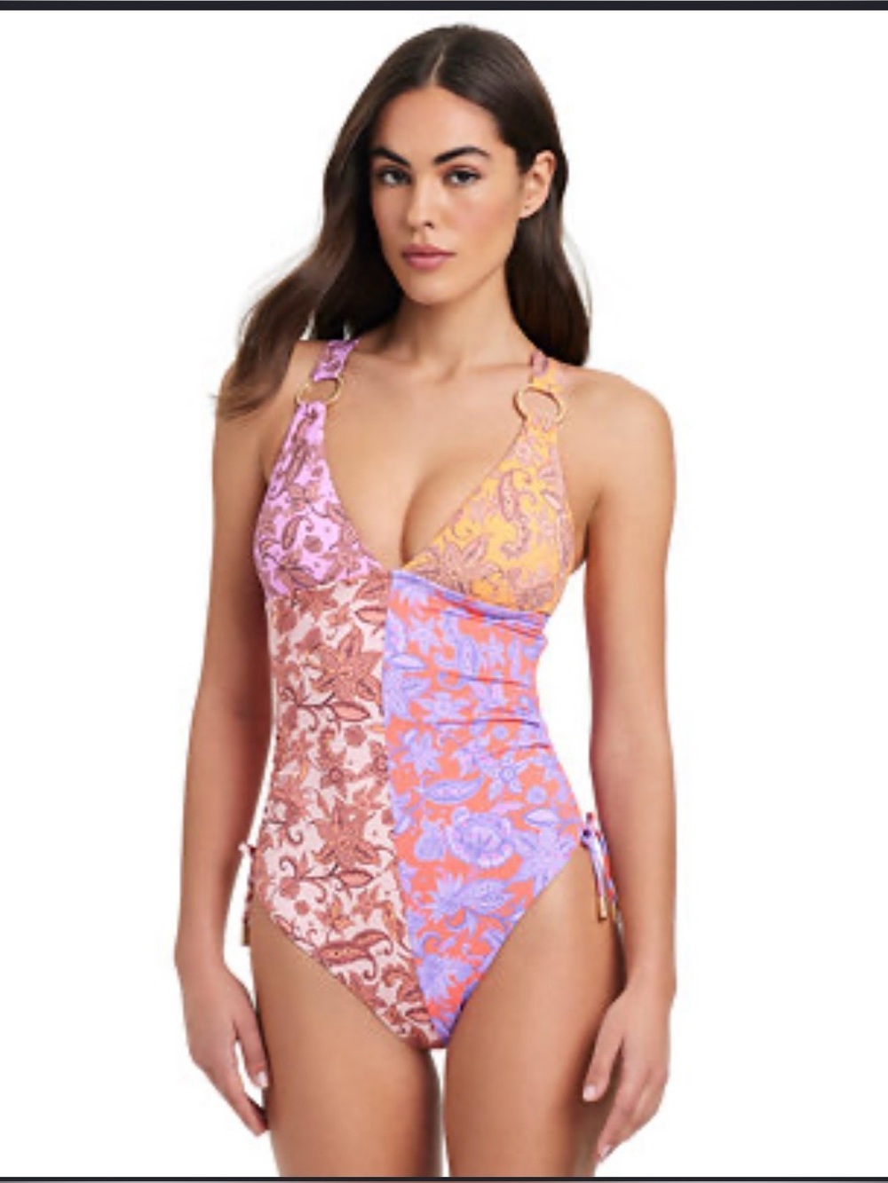 Red Carter Colorblock Floral One-Piece in Pink, Purple & Orange